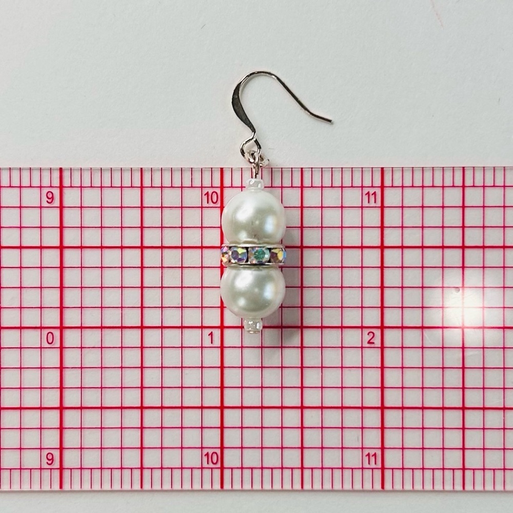 HAND CRAFTED Pearl EARRINGS White Silver Czech Crystal Rondelle Drop NWT - Picture 7 of 10